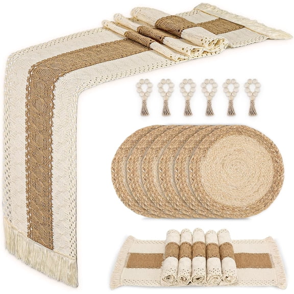 Placemats Set of 6 with Charger Plates Table Mats Table Runner and Napkin Rings,Made of Natural Cotton Burlap and Corn Husk,Non-Slip Heat-Resistant Boho Fall Placemats for Dining Table Décor
