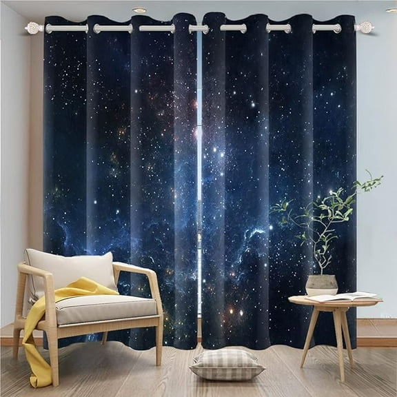 Star Room Darkening Window Curtains Black Night Sky Stars Blackout Curtains Thermal Insulated Grommet Bedroom Drapes For Living Room Bedroom 26"W x 63"L (Pack of 2)