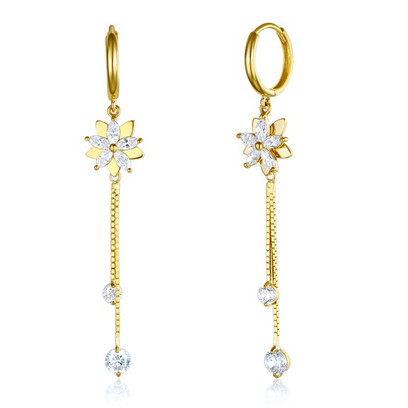 Wellingsale Ladies 14k Yellow Gold Polished CZ Flower Dangle Hanging Drop Earrings