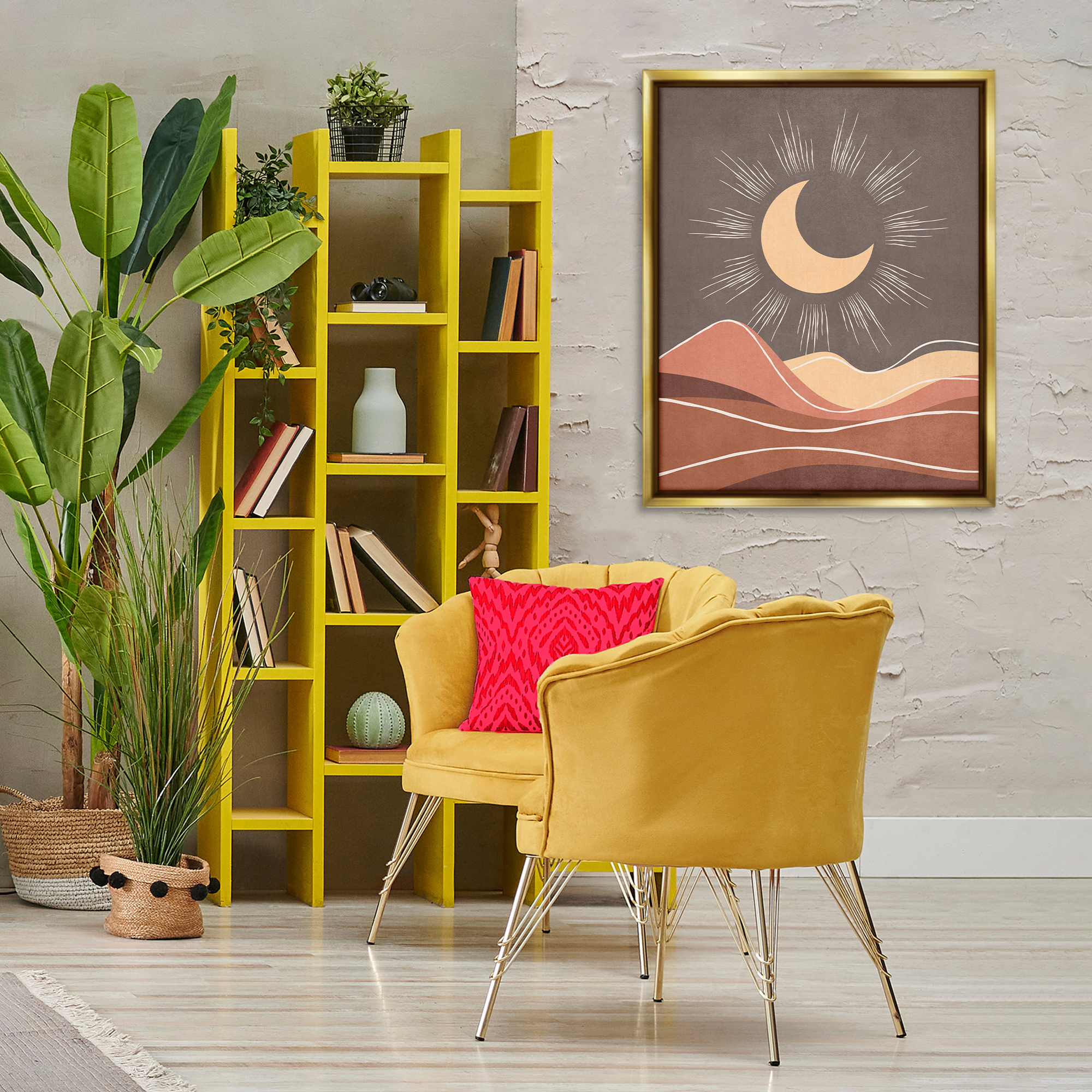 Stupell Industries Boho Moon over Desert Landscape & Nature Painting Gold Floater Framed Canvas Art Print Wall Art, 25 x 31
