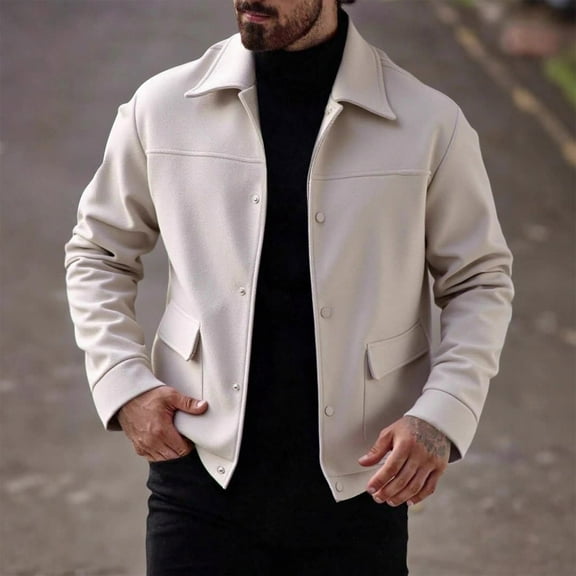 Men's Lightweight Jacket Solid Color Long Sleeve Turndown Collar Woolen Button Front Casual Outwear Comfort Fit