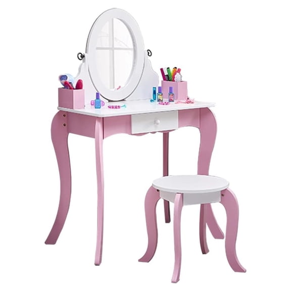 YFDZONE Kids Vanity with Mirror and Stool Wooden Children Vanity Makeup Dressing Table 2 in 1 Vanity and Chair Set with Writing Board for Toddler, White