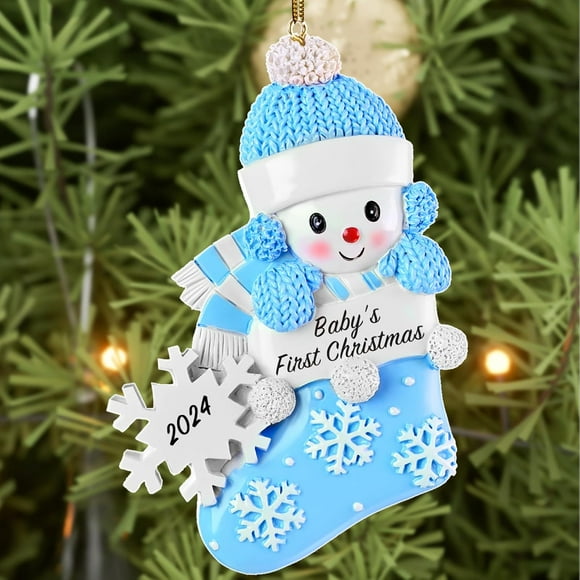 ALBK Blue Christmas Ornament, Baby Boy Snowbaby in Stocking with Snowflake, First Christmas Decoration