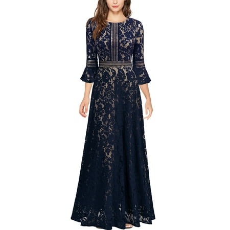 Women's Formal Evening Long Dresses,Vintage Floral Lace Prom Party Maxi Dresses (Navy Blue,L)