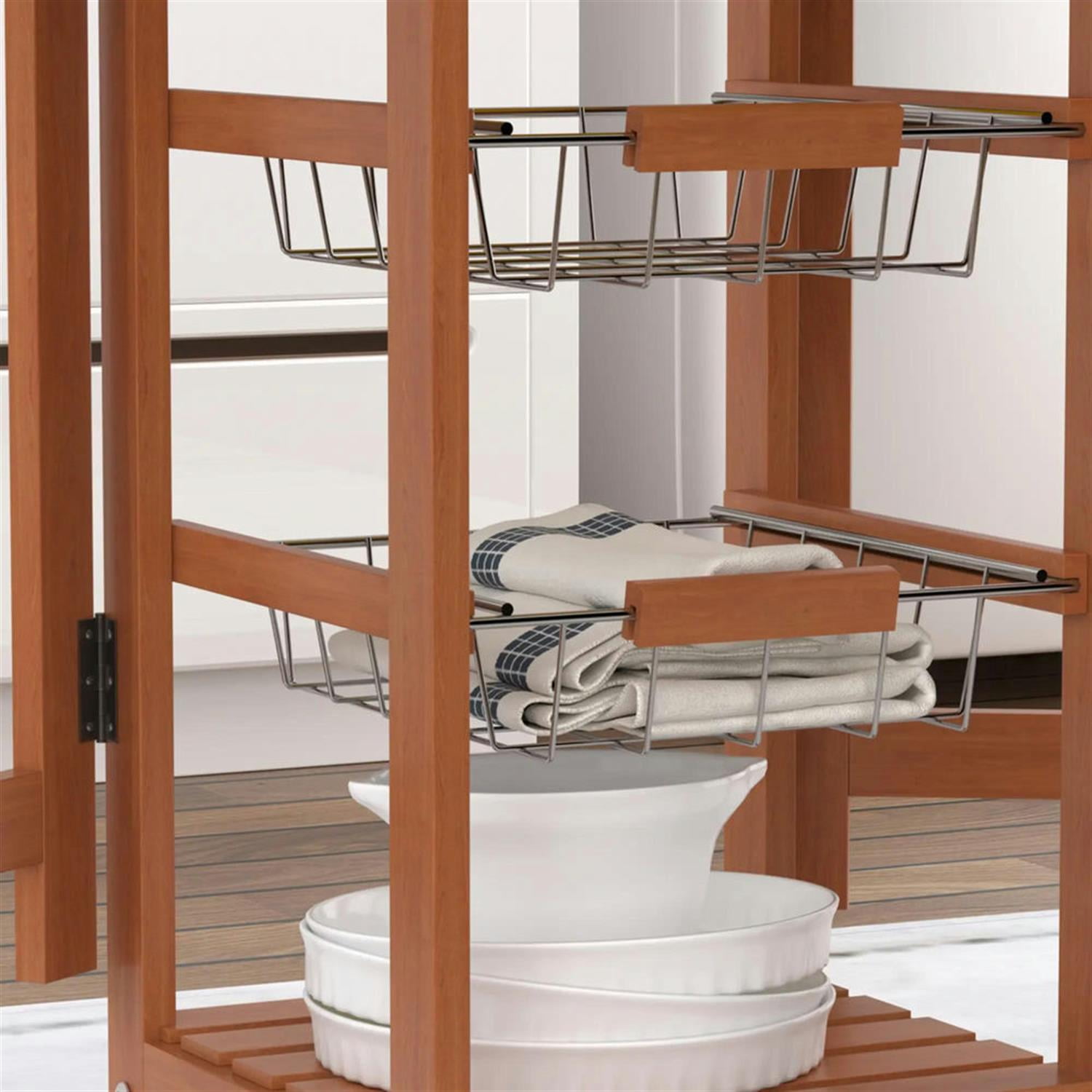 Demi Bonn Small Wooden Kitchen Island Cart on Wheels with Drop Leaf, Rolling Portable Dining Room Serving Utility Carts Mobile Movable with Basket Storage, Brown