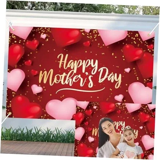 VIGOR- Happy Mother'S Day Backdrop Decoration Banner Thanks Best Mothers Day Red Heart