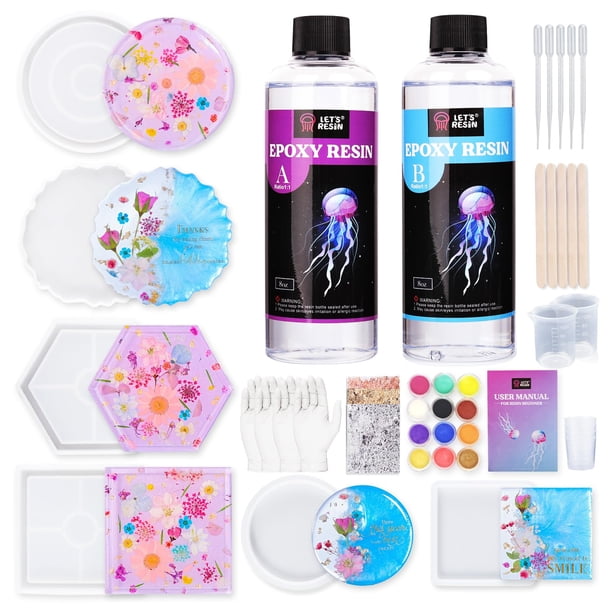 Juego de posavasos LET'S RESIN DIY, resina epoxídica, 480 ml, con moldes y mica