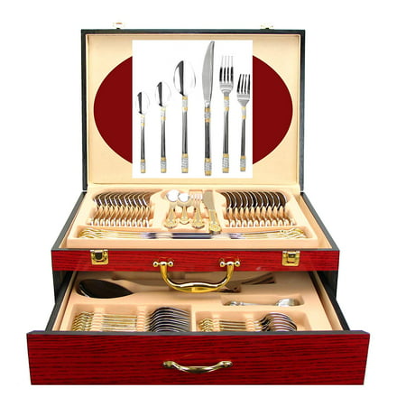 Venezia Collection 75-Pc Luxury Gold Flatware Set for 12 w/Wooden Storage Case, 24 kt Plated Premium Dining Cutlery Service, 18/10 Surgical Stainless Steel Silverware Hostess Serving Set in a (Best Silverware In The World)