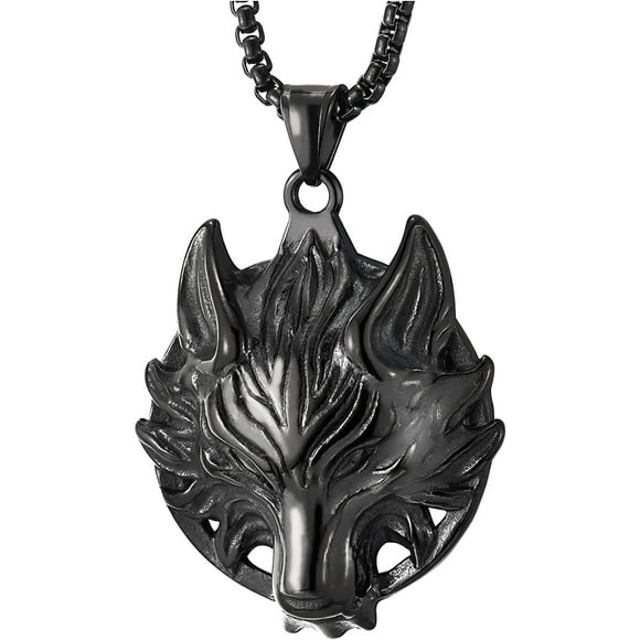 Stainless Steel Mens Vintage Wolf Head Pendant Necklace, Punk Rock, 30 inches Steel Wheat Chain
