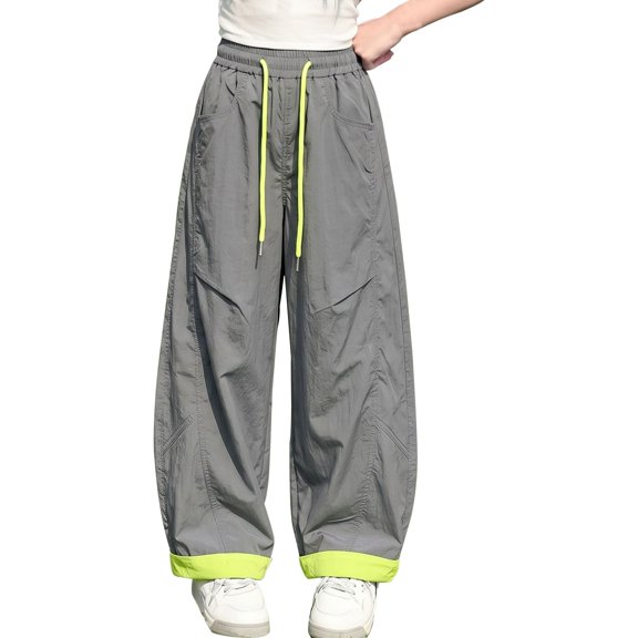 Generic Girls Sweatpants Baggy Barrel Pants Wide Leg Drawstring Open Bottom Casual Sweat Pants with Pockets Color Block Trendy Wear