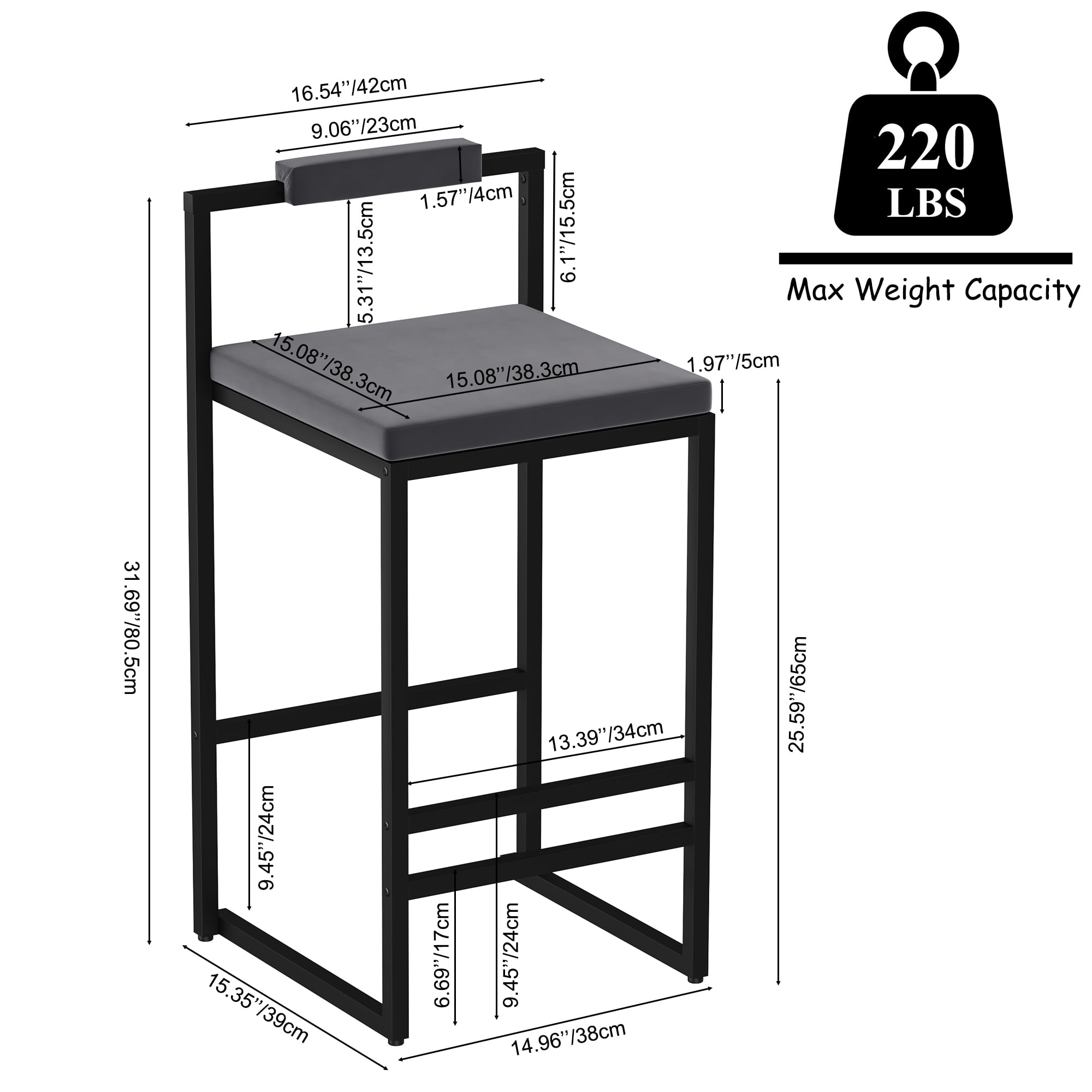 Upholstered Velvet Bar Stools Set of 2 Counter Height with Low Back and Footrest Gray Fabric and Black Metal Frame for Kitchen Island