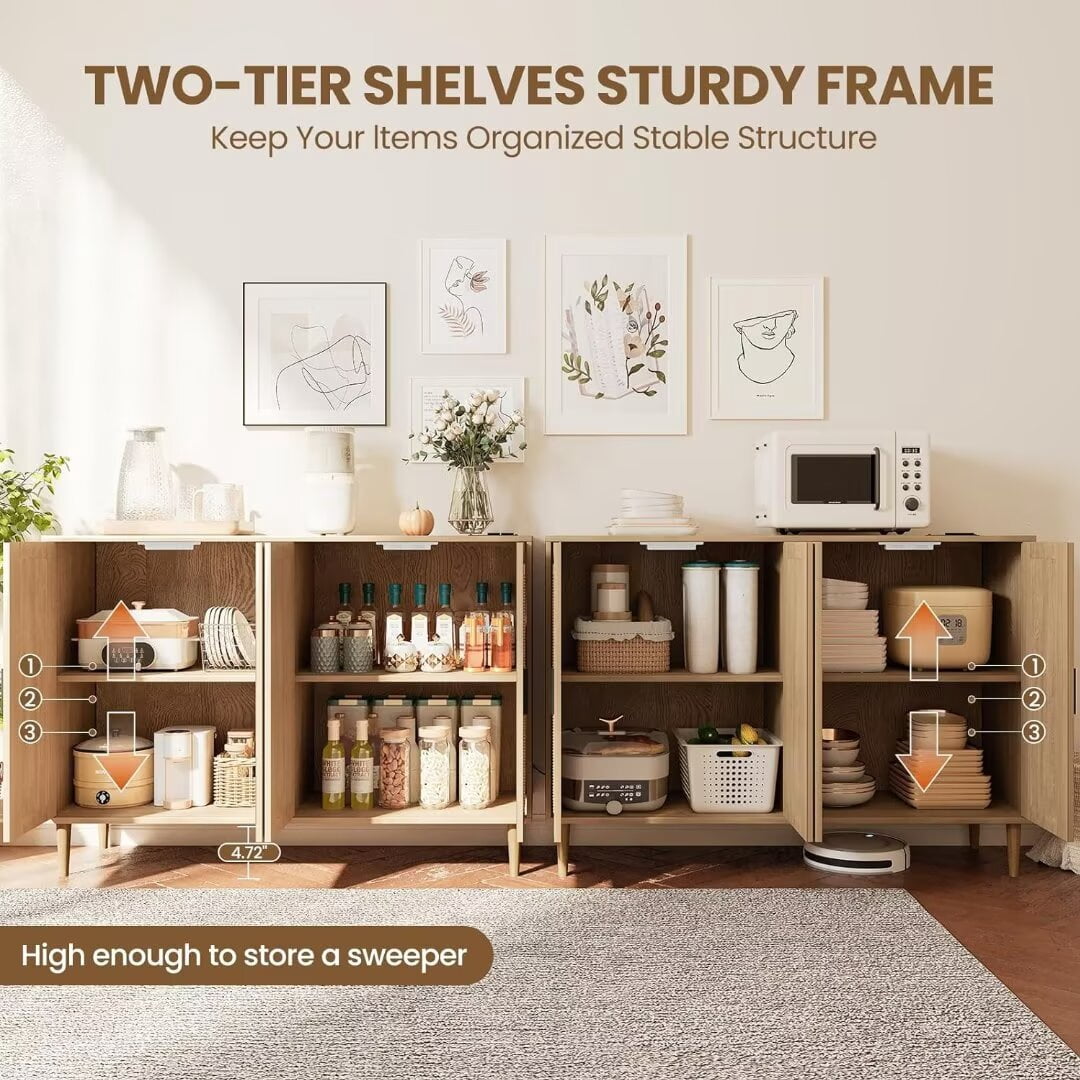 Sideboard Buffet Rattan Cabinet, Accent Storage Cabinet, Boho Large Kitchen Storage Cabinet with Power Outlet, Adjustable Shelves for Living Room, Hallway, Entryway