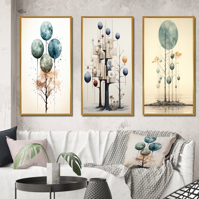 Designart "Vintage Illustration Geometric Tree of Wisdom III" Modern Geometric Framed Wall Art Set Of 3 - Blue Abstract Frame Canvas Set For Living Room Decor