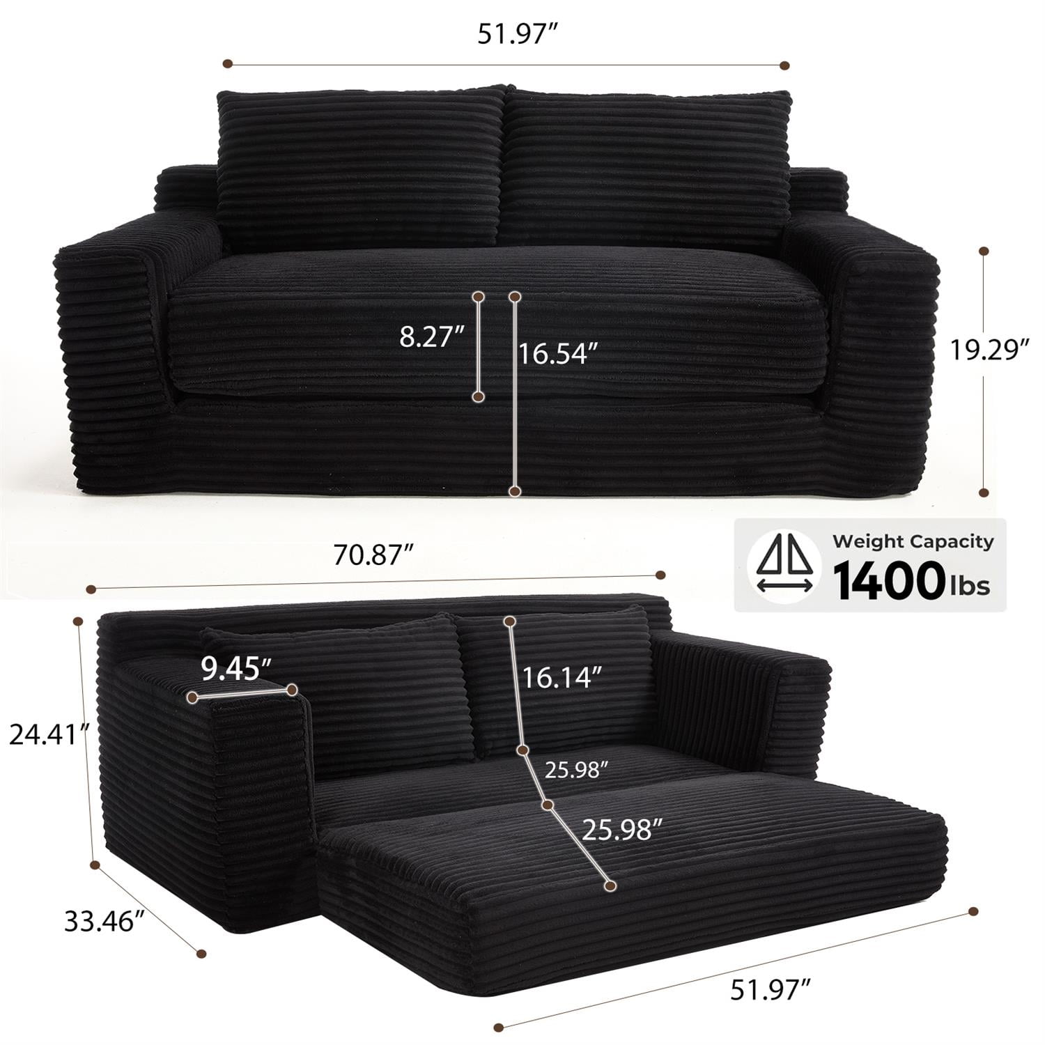 Demi Bonn 72" Cozy Loveseat Sofa Bed with Memory Foam & Sturdy Steel Frame, No Assembly Needed, Convertible 2-in-1 Couch for Small Spaces, Apartments, Black