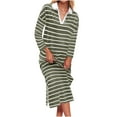 thumbnail image 1 of NJDVHB Économies d'Automne Hiver! Robes d'Automne pour Femmes, Robes de Vacances pour Femmes, Robe Longue à Manches Longues Rayée Col Rabattu Fente Latérale Décontractée Plage Maxi Robes, Vert Armée, m, 1 of 4