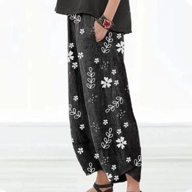 ICHUANYI Clearance Women Casual Printing Pants Comfortable Elastic High Waist Casual Beach Pants(Black, S) ICHUANYI WER2023080815396