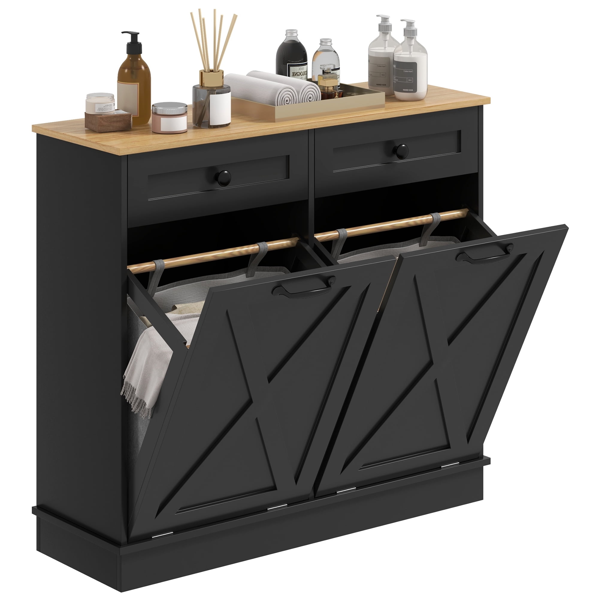 HOMCOM Tilt Out Laundry Hamper Cabinet Bathroom Storage Cabinet with 2 Removable Baskets and 2 Drawers, Black