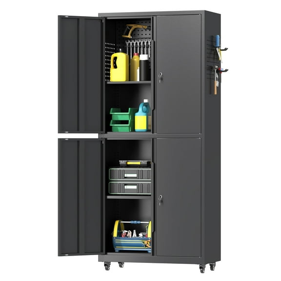 Firstsky Metal Garage Storage Cabinet with Wheels, Adjustable Rolling Tool Storage Cabinet with Lock, 71" Steel Locking Tool Cabinet with Doors and Shelves(Black, 71" H)
