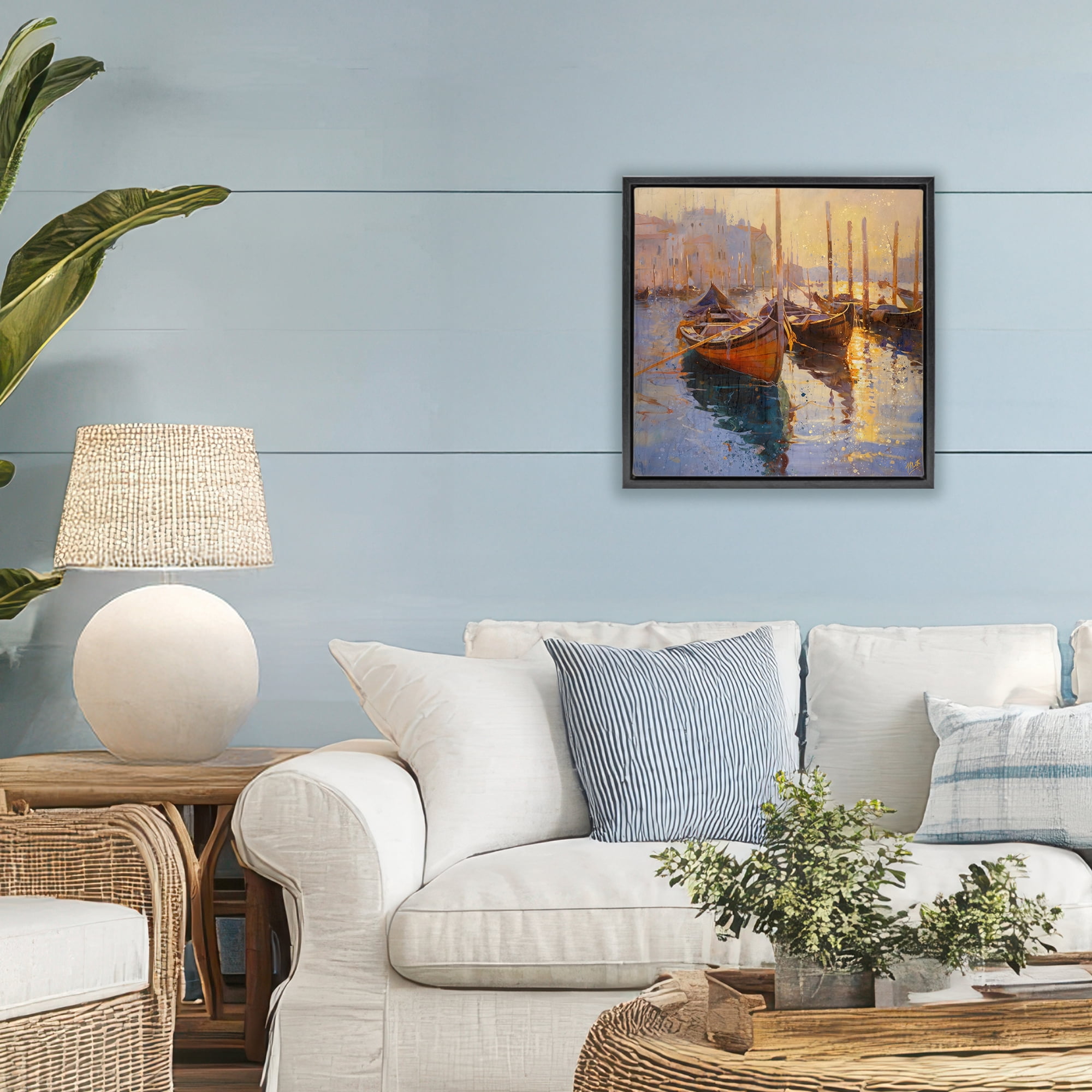 Stupell Industries Speckled Venice Boats Black Framed Floater Canvas Wall Art, design by Marta Wiley