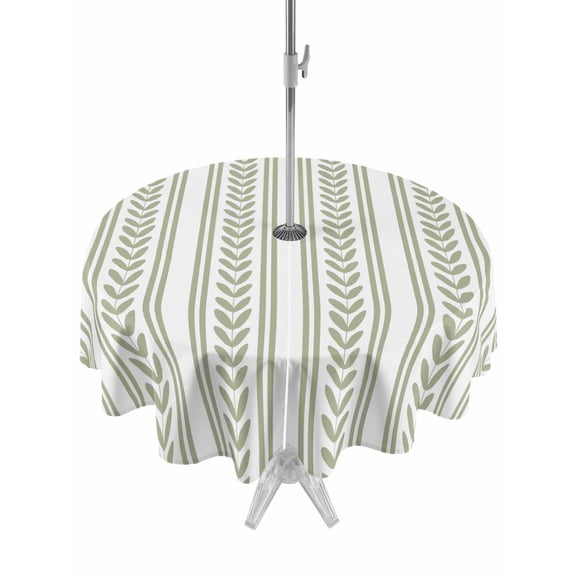 Round Outdoor Tablecloth with Umbrella Hole and Zipper 60 Inch, Sage Green Botanical Waterproof Patio Table Cloth, Modern Farmhouse Striped Washable Picnic Table Cover for Camping Dining