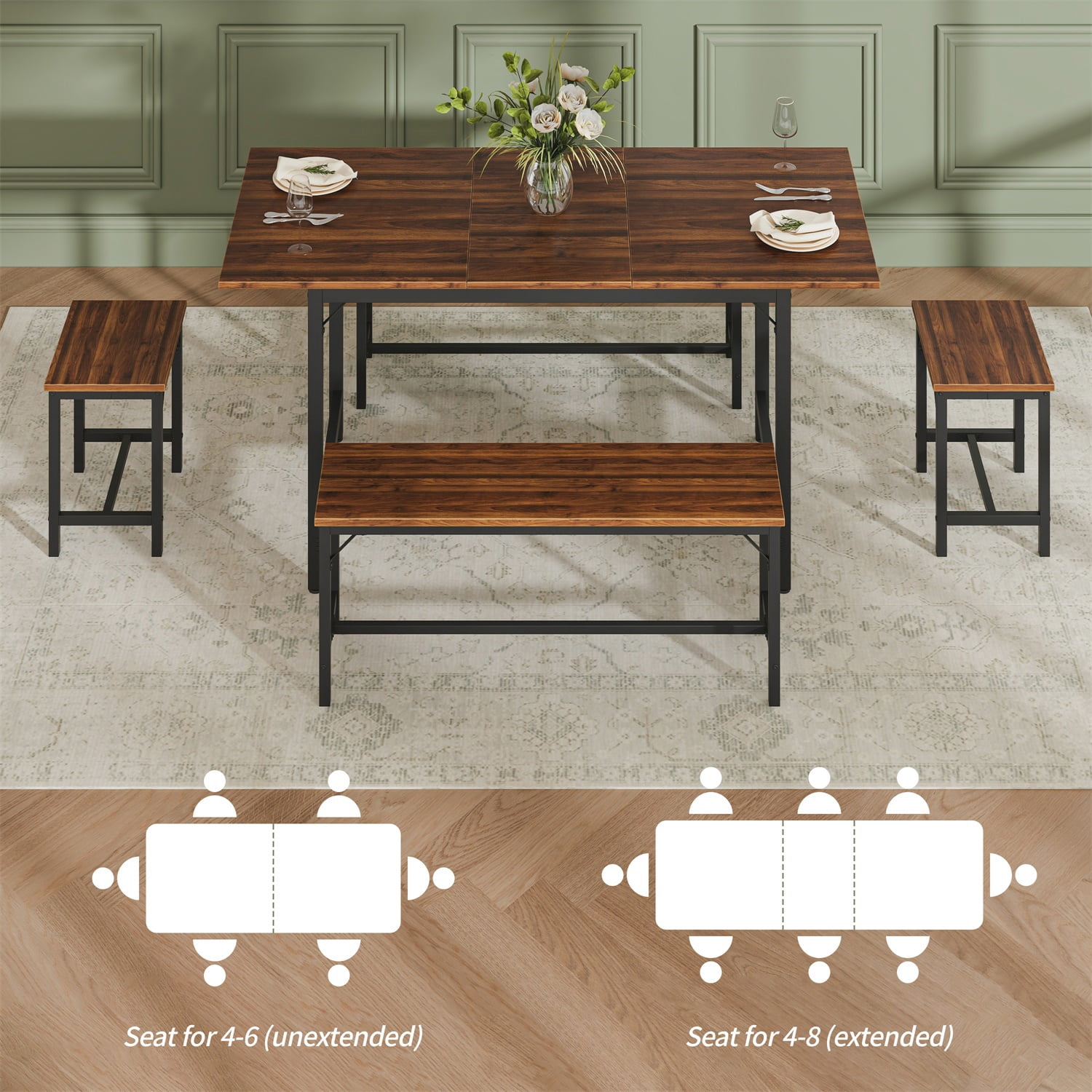 Hommoo 63" Expandable Dining Table Set for 4-8 People, Modern Extendable Kitchen Table with 2 Benches & 2 Stools, Wood Top & Metal Frame, Easy Assembly, Walnut