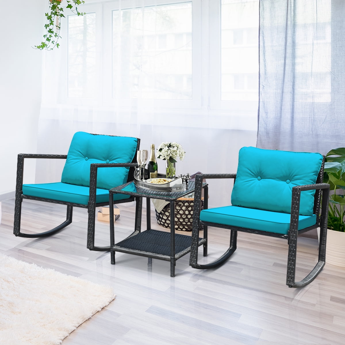 Costway 3PCS Patio Rattan Furniture Set Rocking Chairs Cushioned Conversation Set Blue