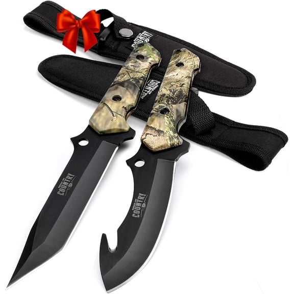 Fixed Blade Hunting Knife Set - 2 Piece, Full Tang Handle Straight Edge and Gut Hook Blades Game Processing Knife, Sheath Included - Yellow Camo