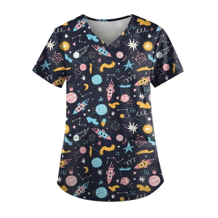 

Knosfe Cartoon Pattern Uniform Scrub Tops Women V Neck Print Scrub Tops for Women Short Sleeve Nursing White Scrub Top Women with Pockets Navy 4XL