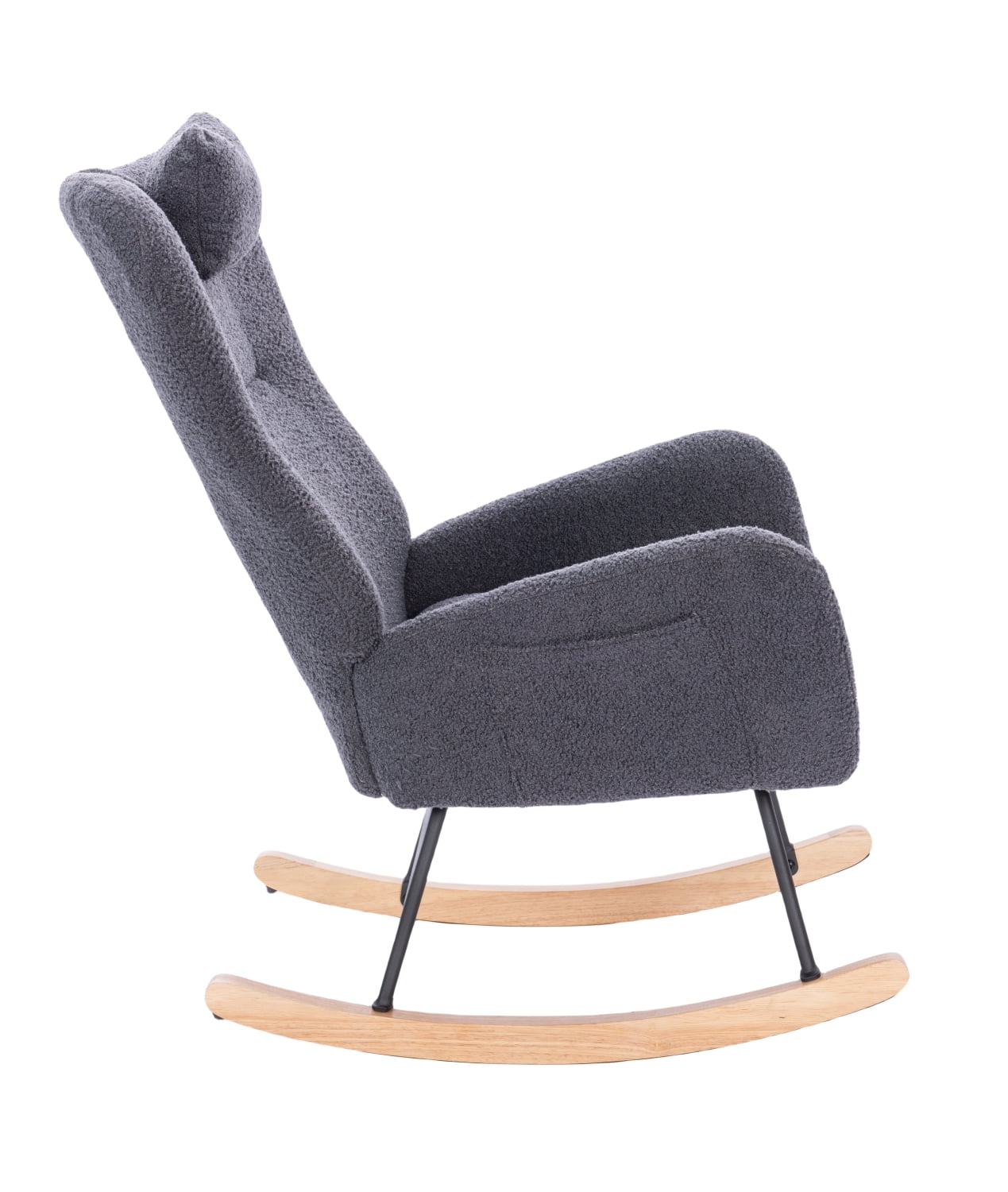 Lisonu Modern Rocking Chair, Upholstered High Back Accent Rocker, Cozy Teddy Fabric Glider for Living Room, Bedroom or Lounge, Ergonomic Armchair with Wood Base, Dark Grey
