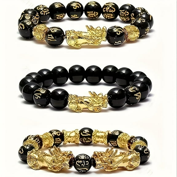 3pcs Set Of Feng Shui Auspicious Bracelets, Suitable for Both Men And Women - Natural Stone, Wealth-attracting Double PI Xiu Design Bracelet - Obsidian Buddhist Prayer Beads Six-character True Words