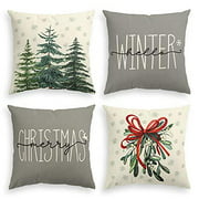 AVOIN colorlife Merry Christmas Tree Hello Winter Throw Pillow Covers, 18 x 18 Inch Mistletoe Pine Spruce Holiday Cushion Case Decoration for Sofa Couch Set of 4