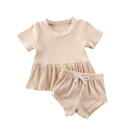 

Kuriozud Baby Girl Solid Color Crew Neck Short Sleeve Ruffle Top Shorts Set