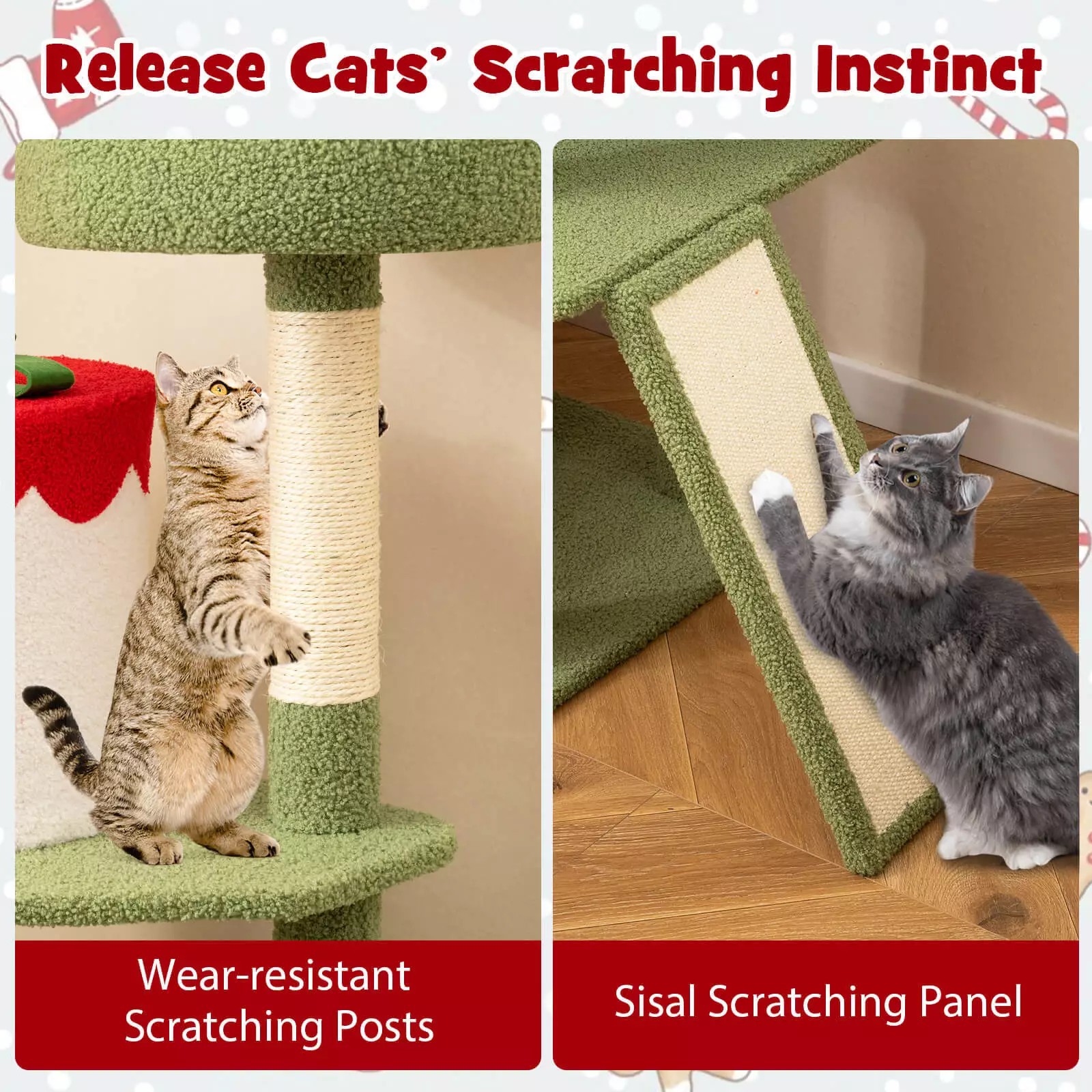 Harmijoy 61" Tall Christmas Cat Tree, Multi-level Cat Furniture w/ Sisal Scratching Posts, Plush Perch & 2 Condos, Basket Bed, Hanging Toys, Comfy Hammock, Festival Theme Cat Tower for Indoor Cat
