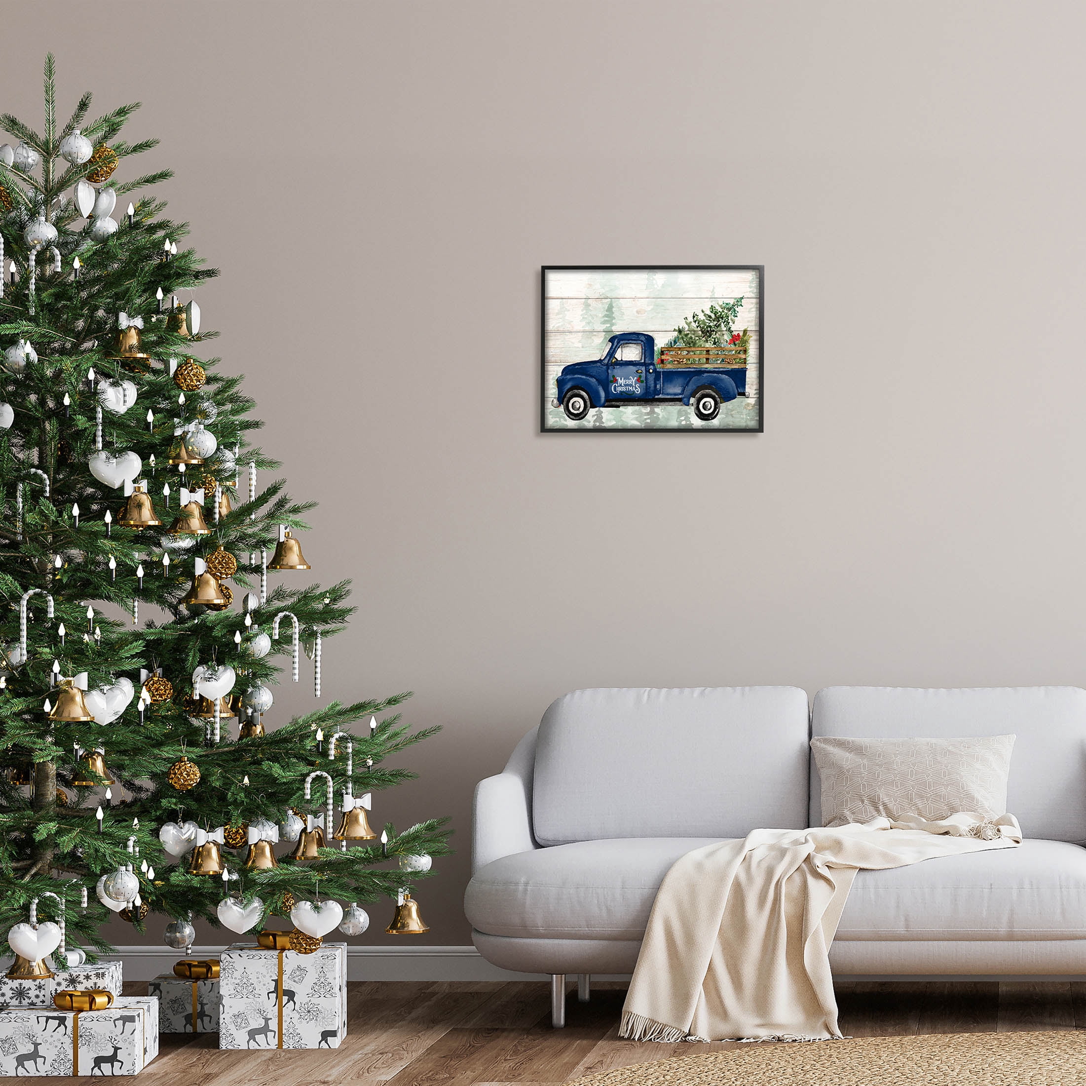 Stupell Industries Merry Christmas Blue Holiday Truck Graphic Art Black Framed Art Print Wall Art, Design by Kim Allen
