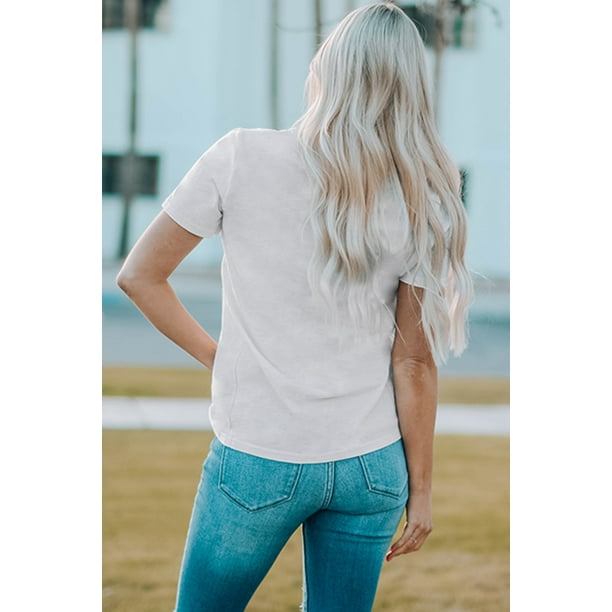 ABPHQTO Camiseta rasgada con estampado gráfico blanco LIFE IS SHORT GO CAMPING para mujer