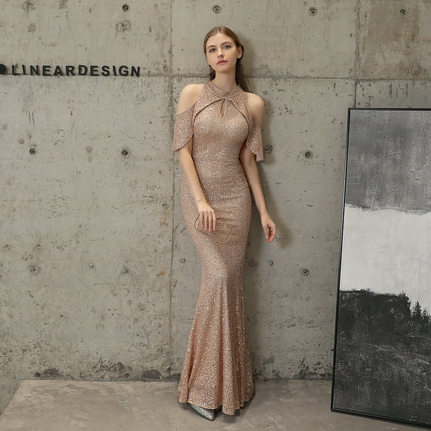 Elegante vestido de noche de cola de pez de reina con lentejuelas y mangas cortas largas para banquete