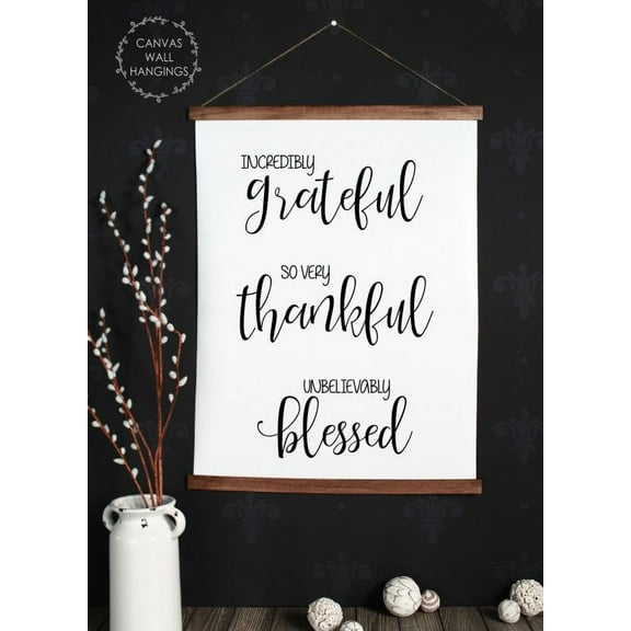 Wood & Hanging Canvas Wall Art Grateful Thankful Blessed Wall Sign Inspirational Décor Large 19x24-Inch