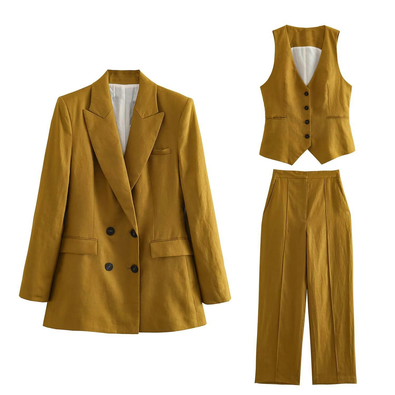 New linen double-breasted women's suit jacket + vest vest +