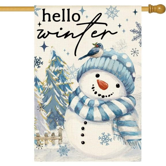 SM-XLHN Snowman Cardinal Hello Winter House Flag 28x40 Inch Double Sided, Polka Dot Winter Holiday Yard Outdoor Flag