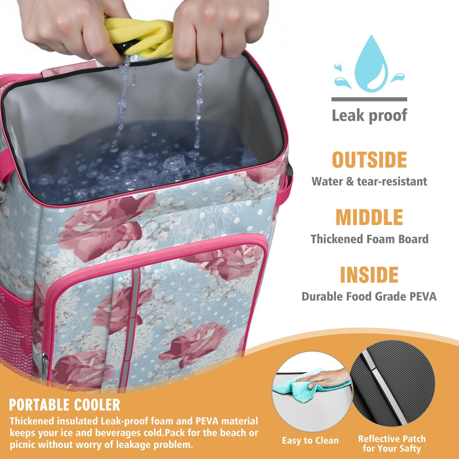 Travel Cooler Bag - Pioneer Flower Floral Print Pattern Camping Beer Cooler Backpack with Bottle Opener- Waterproof Insulated Picnic Backpacks - Cooler Bag for Beach