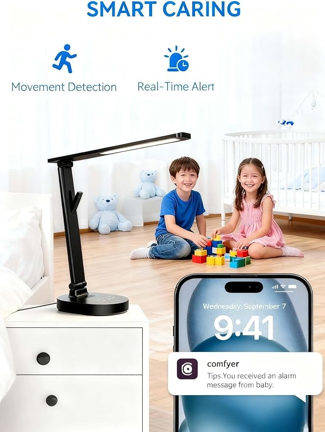 Smart WiFi Baby Monitor with Camera, Eye-Care Desk Lamp with 5 Brightness, Baby Monitors 2k HD, 2-Way Talk, 2.4 GHz Motion Detection Indoor Camera for Baby/Elderly/Pet
