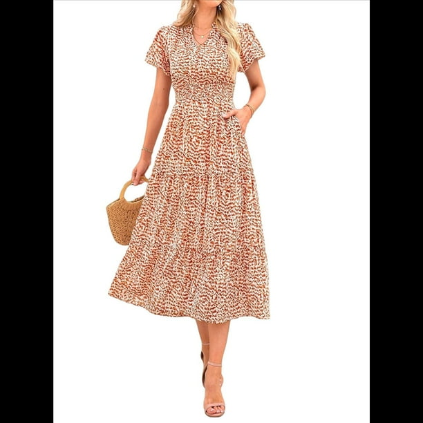Vestidos Largos de Verano para Mujer 2025, Informales, con Escote en V, Corta Abullonada, Fruncidos, Vaporosos, para Playa, Bohemios, Largos, Florales, Naranja, Talla M