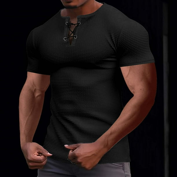 pstuiky camisetas para hombre, Camiseta vintage de manga corta con cordones y solapa para hombre, estilo patchwork, blusa de manga corta con cuello alto camisas casuales para hombre m