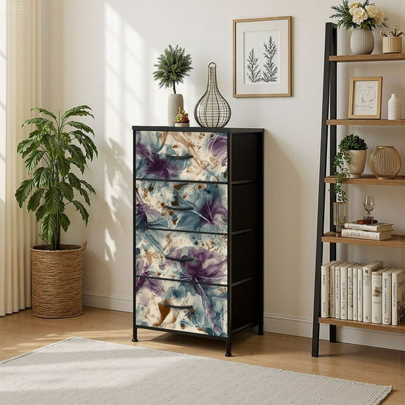 4 Drawer Vertical Storage Dresser Liquid watercolor texture Colorful transparent Repeatable with Wood Top Fabric Pull Drawers