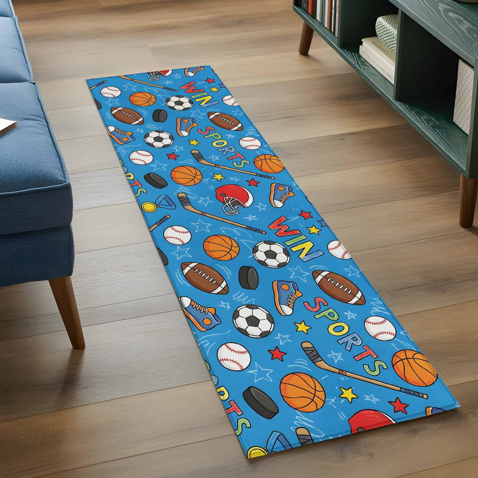 Blue Sports 2'x6' Runner Rugs for Hallway Kitchen Bedside Non Slip Washable, Football Basketball Rugby Baseball Entryway Rug Runners with Rubber Backing, Long Carpet Runner for Laundry Room