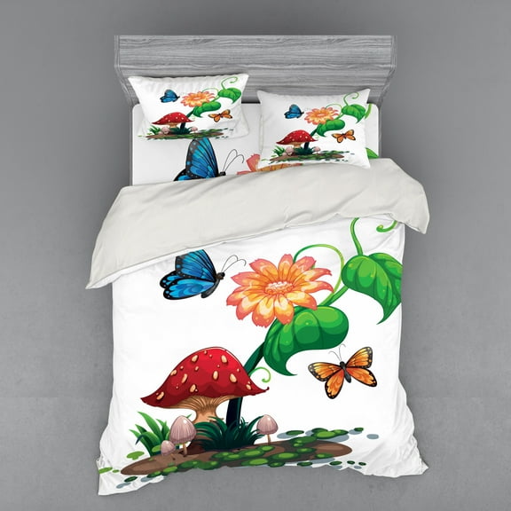 Mushroom Duvet Cover Set, Illustration of Flowering Plant Butterflies Vibrant Color Wings Creatures Universe, Bedding Set with Shams and Fitted Sheet, 3 Sizes, by Ambesonne