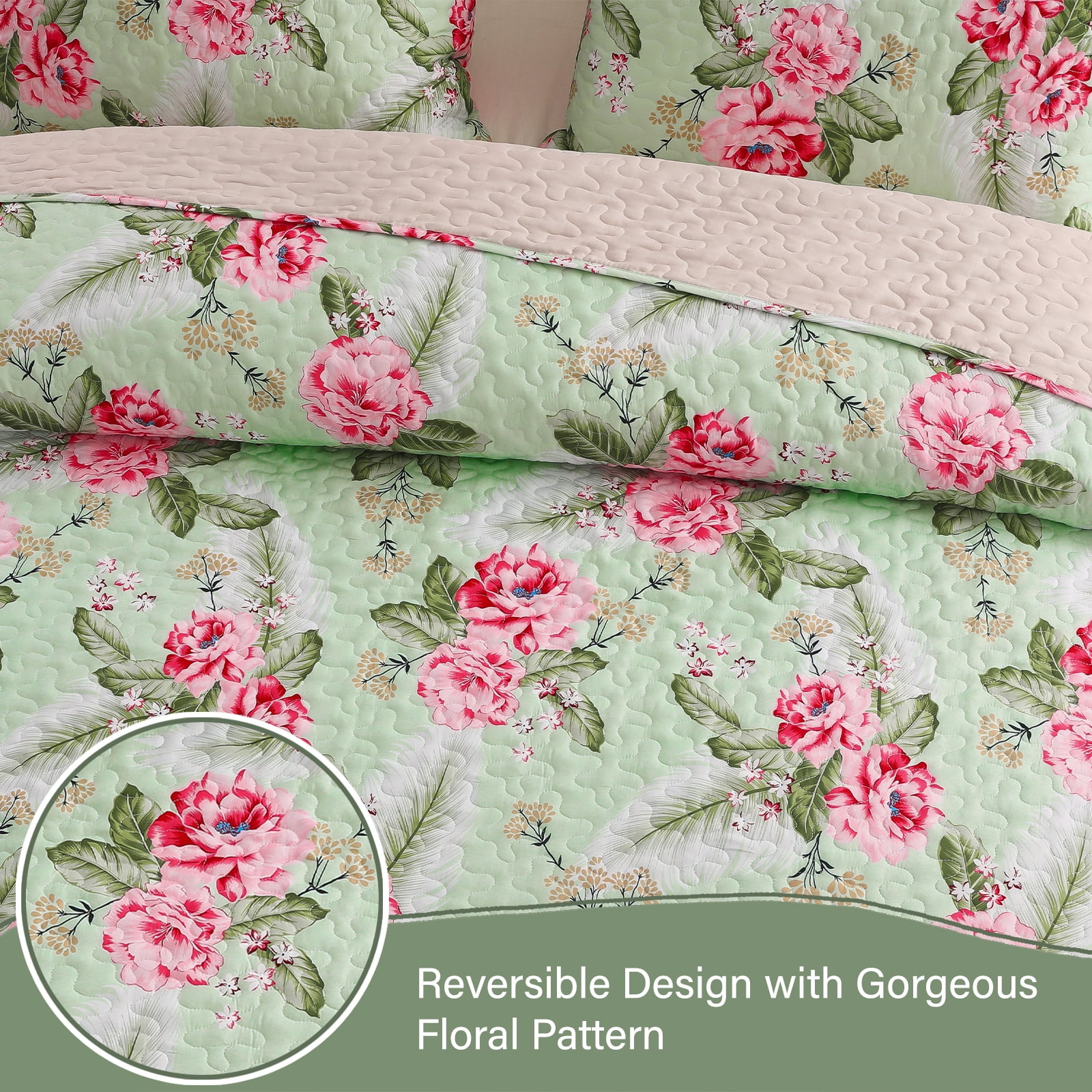 Exclusivo Mezcla Floral Quilt Set Queen Size, 3-Piece Reversible Quilt Bedding Set with Botanical Pink Flower Pattern, Lightweight and Soft Bedspread Coverlets
