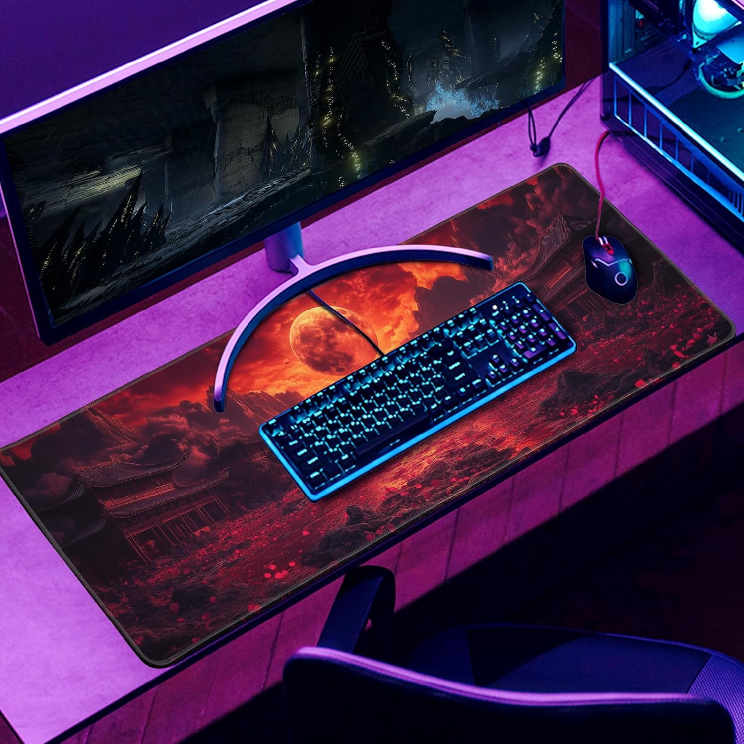 Mouse Pad Gaming Red Moon Desk Pad Mat Extra Large Mousepad (31.5x11.8 in), Home Office Decor Stitched Edges Smooth Surface Non-Slip Bottom
