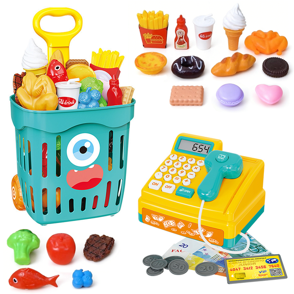 Richgv Cash Register Playset Toys for Kids, Pretend Play Money, Calculator, Scanner, Play Food Learning Toys for Toddlers 3-8, Gifts for Boys Girls