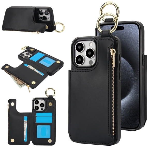 ELEHOLD Case for iPhone 15 Pro, Magnetic Closure Kickstand Zipper Wallet Case with 3 Card Slots & Ring Holder,Shockproof RFID Blocking Phone Case,Black